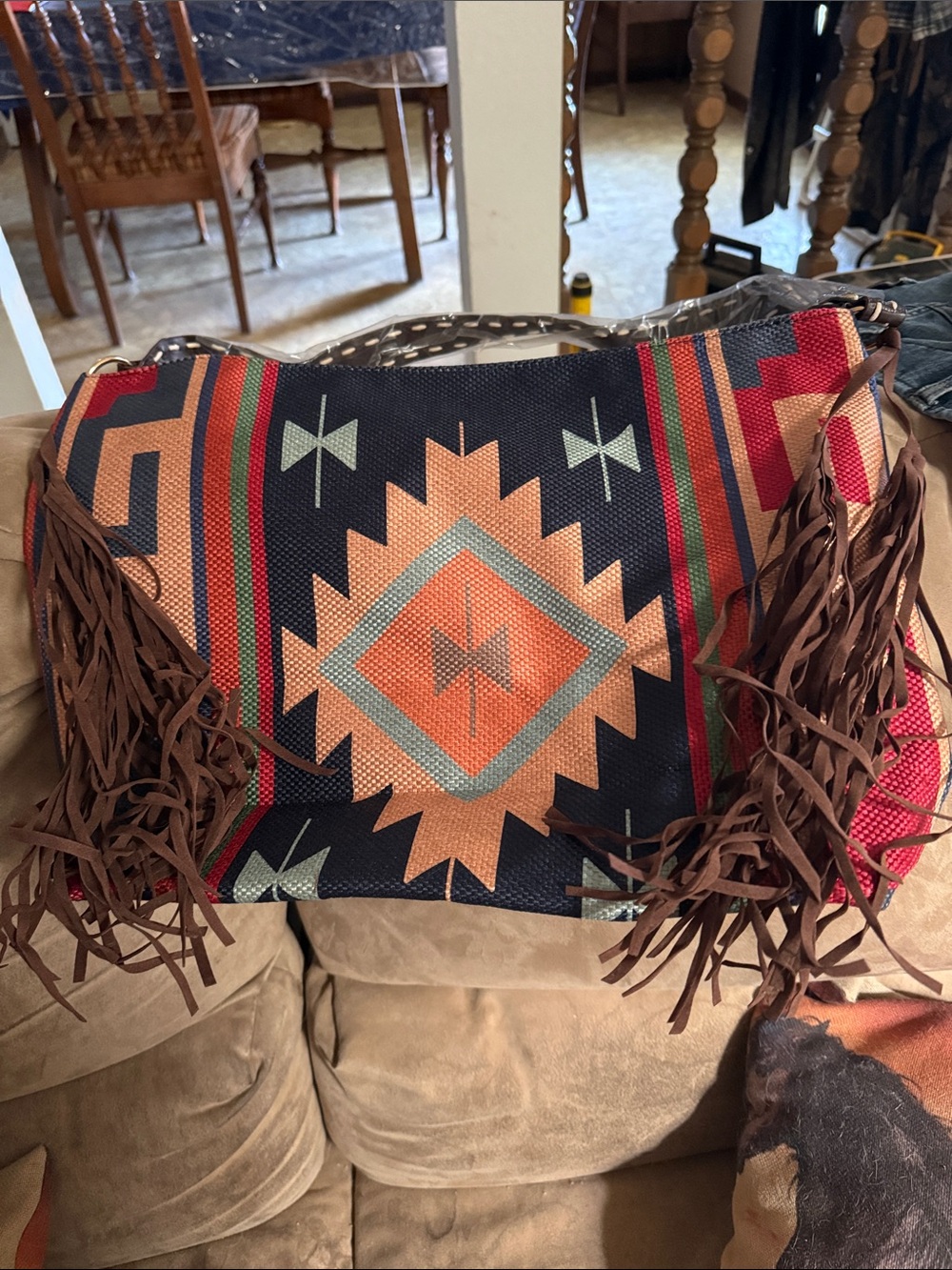 Boho Southwestern Fringe Shoulder Bag in Navy, Brown and Coral